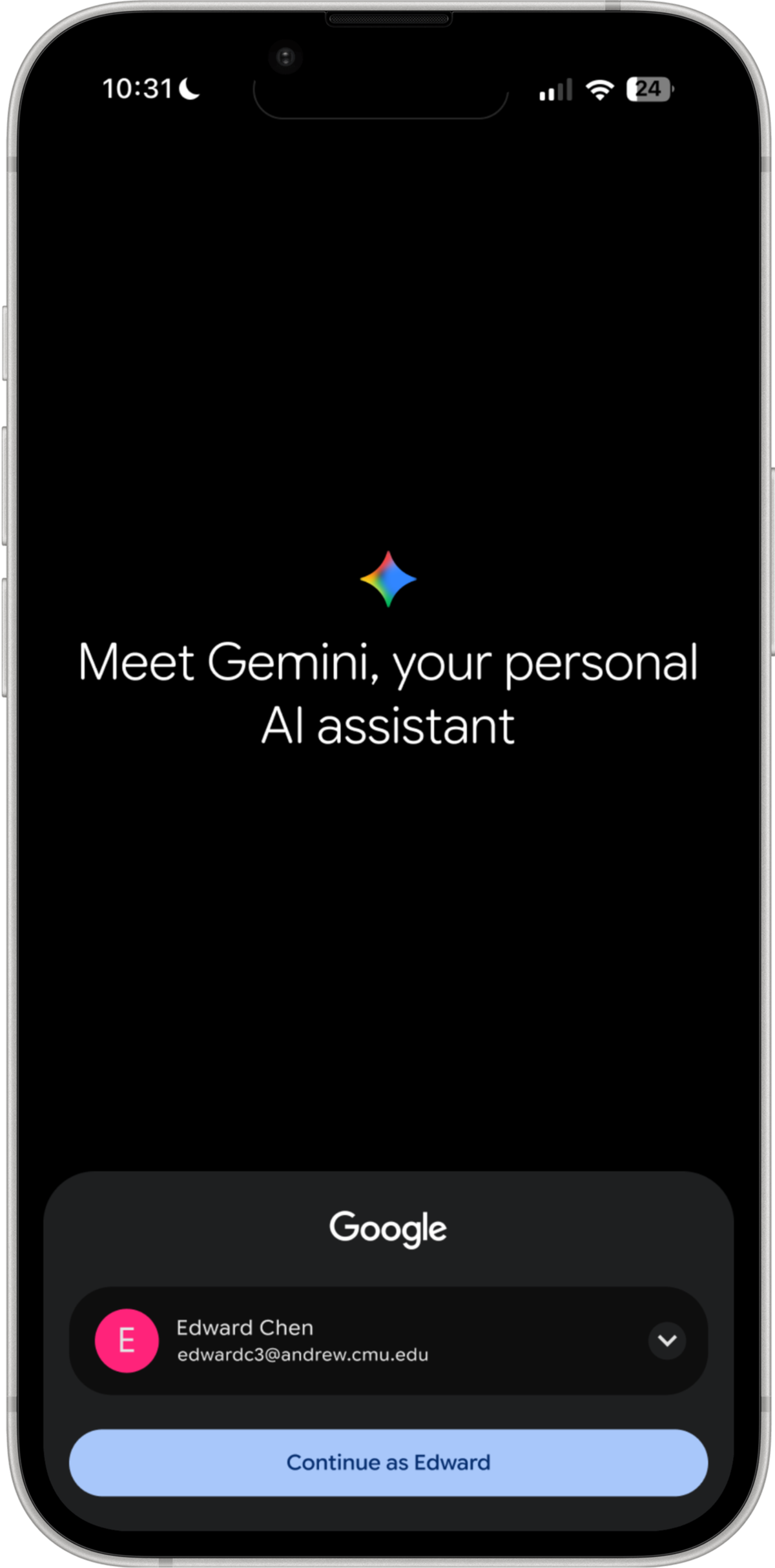 Sign-in screen reading Meet Gemini, your personal AI assistant