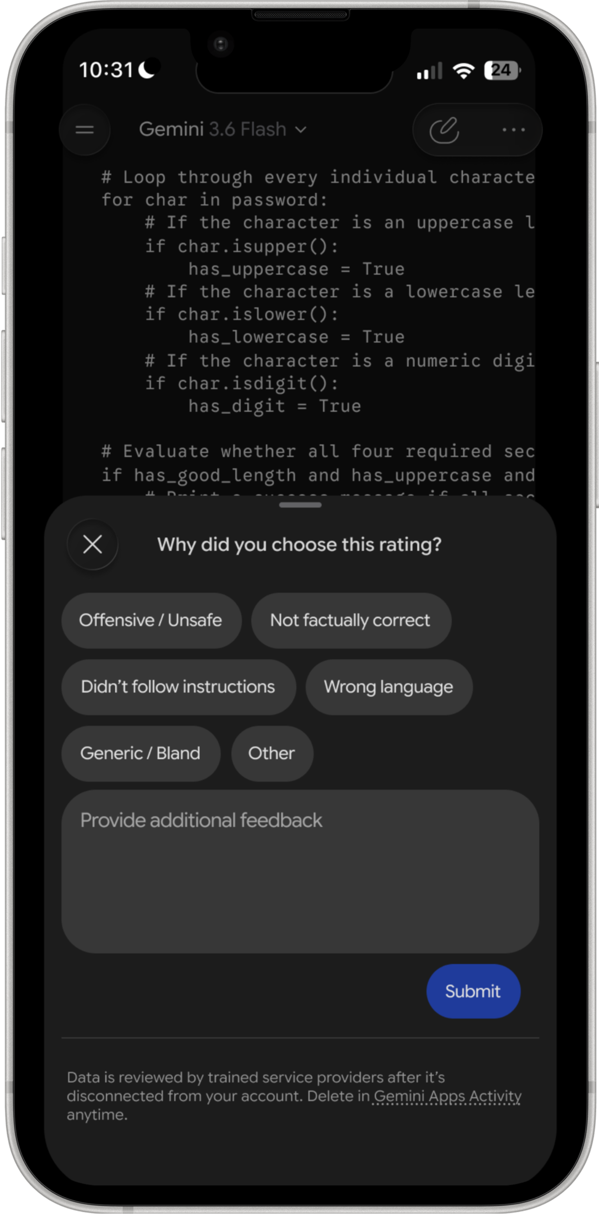 Feedback sheet asking why this rating was chosen