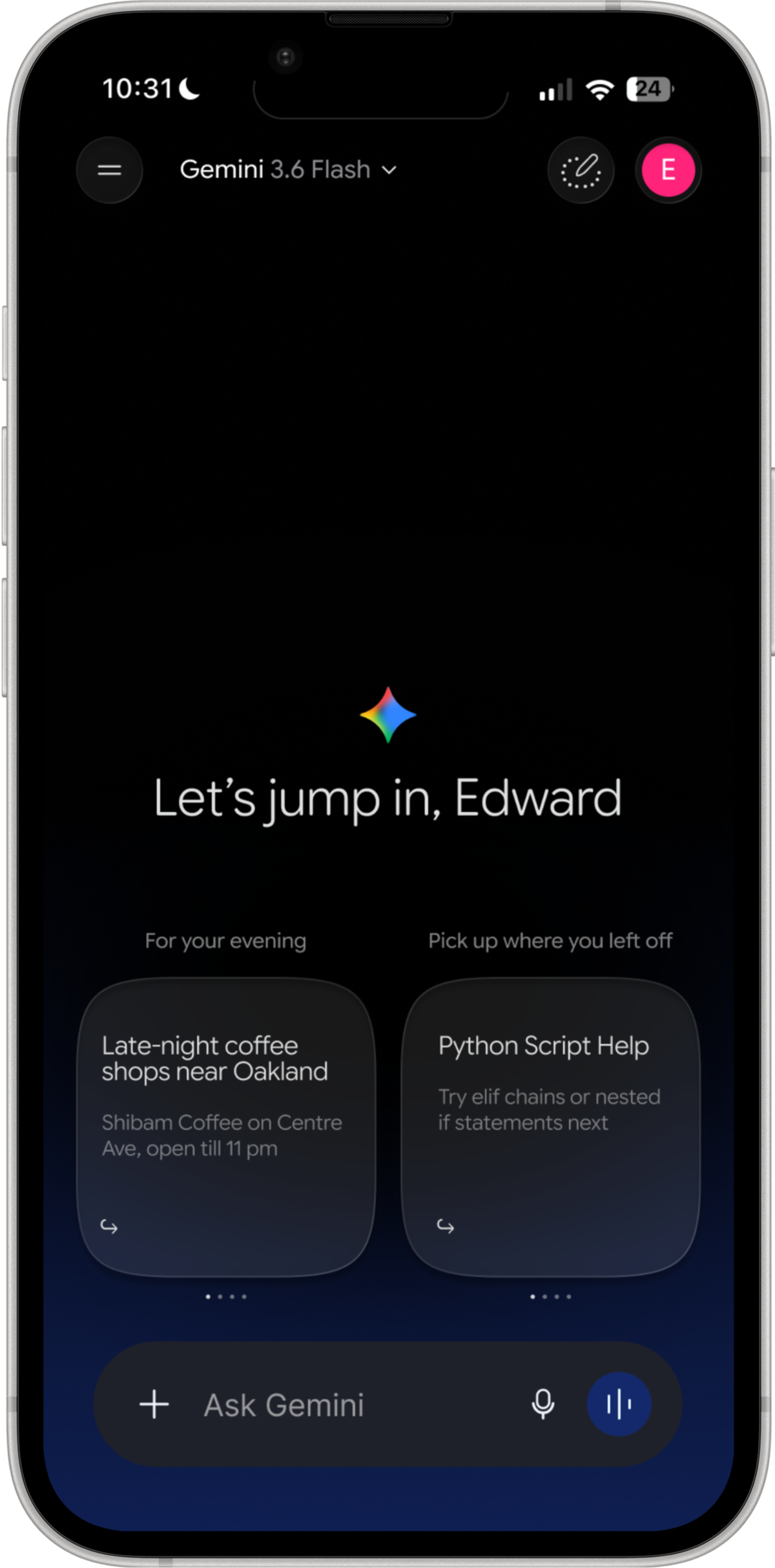 Redesigned home screen showing late-night coffee and the Python chat