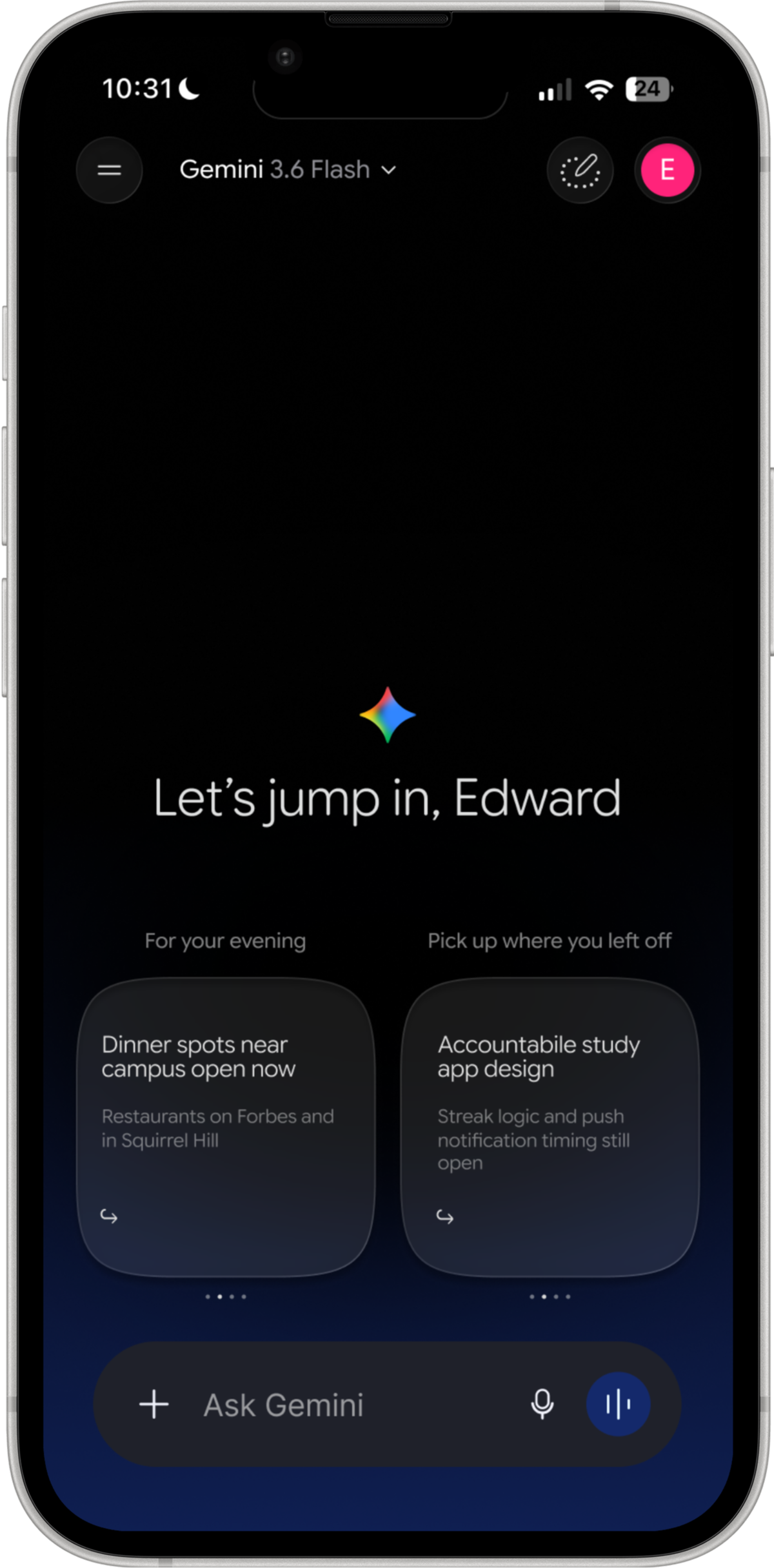 Home screen with the work column moved on to the study app project