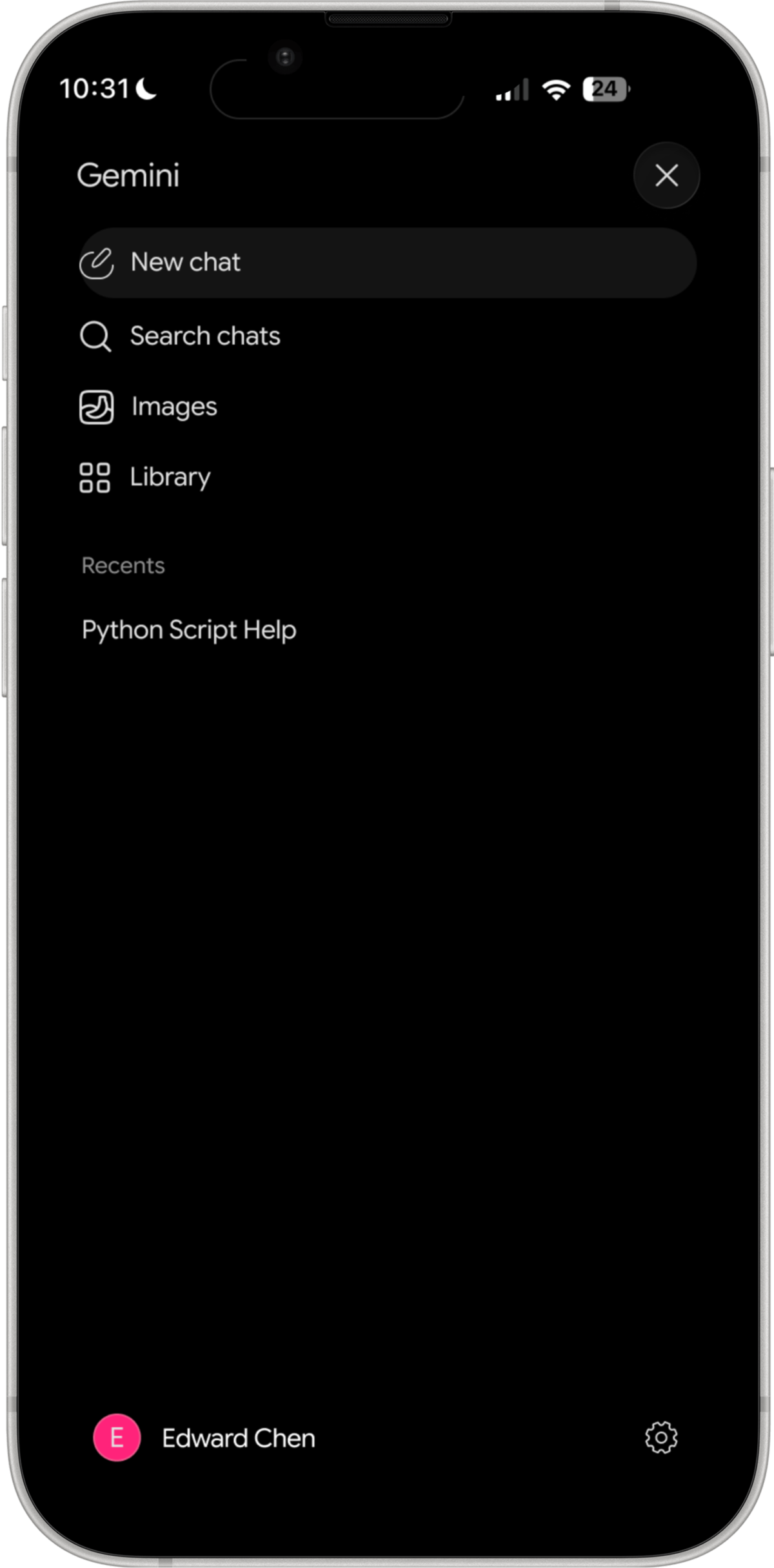 Side drawer with new chat, search, images and library