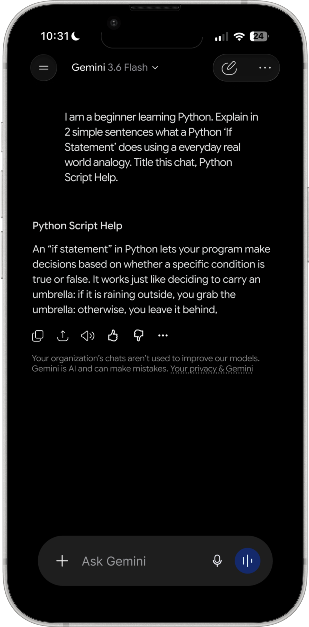 A short chat answer explaining a Python if statement
