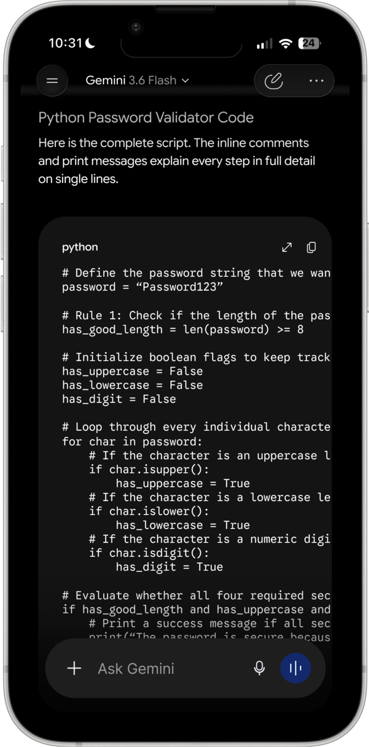 A code block in the chat running off the right edge, with a new expand control at its top right