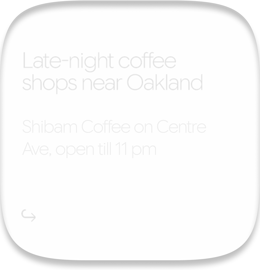 Card suggesting late-night coffee shops near Oakland, naming Shibam Coffee on Centre Ave, open till 11 pm