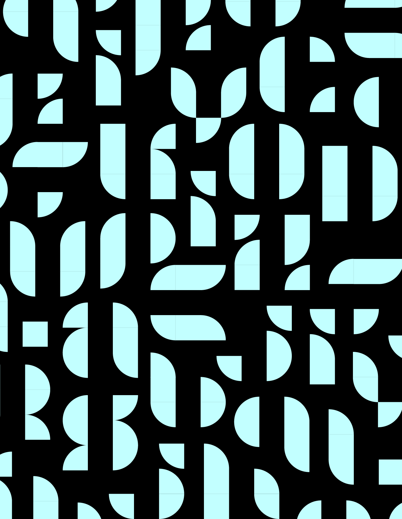 Modular typeface built from quarter circles and bars, specimen